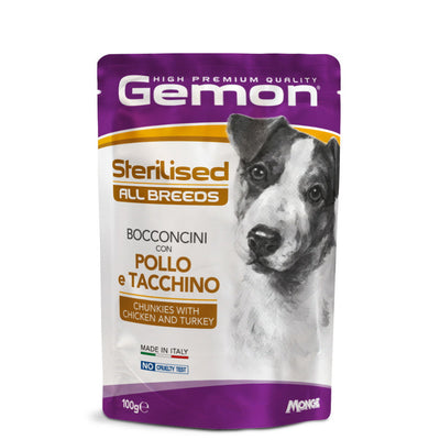 Bocconcini in gelatina GEMON per cani sterilizzati con pollo e tacchino, confezione 100g