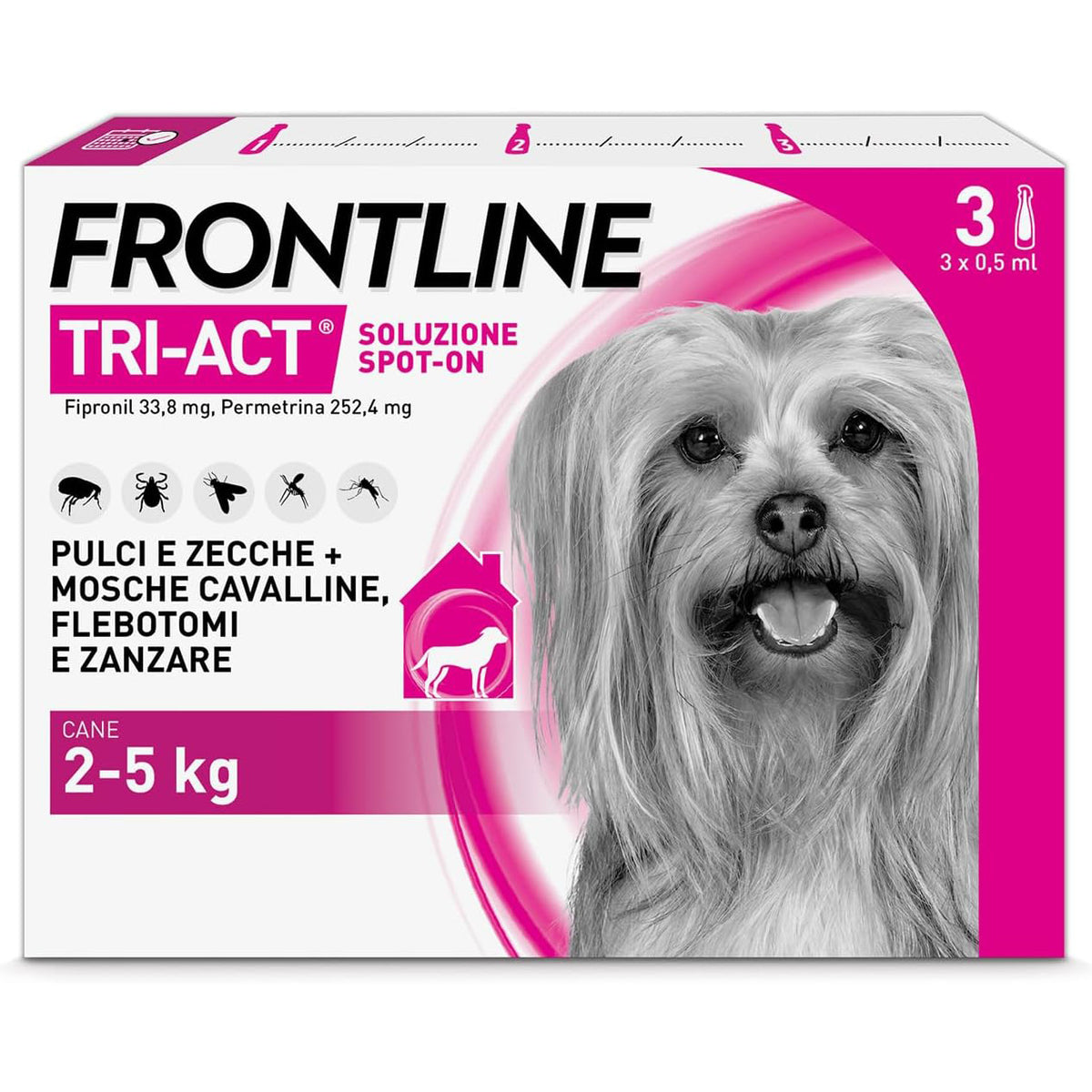 Frontline Tri-Act pipette antiparassitario per cani 2-5 kg, confezione da 3 pipette