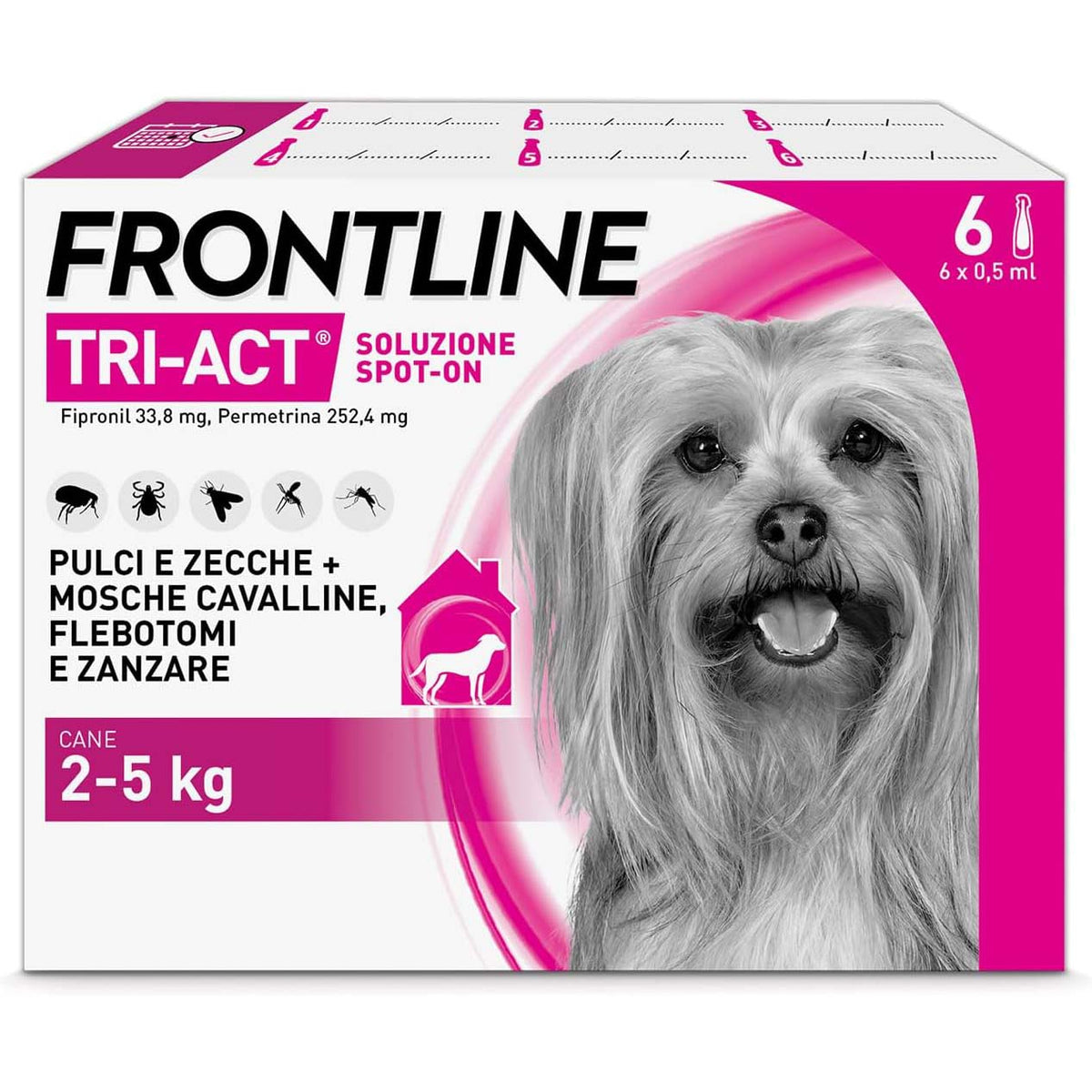 Frontline Tri-Act antiparassitario spot-on per cani 2-5 kg, confezione da 6 pipette monodose