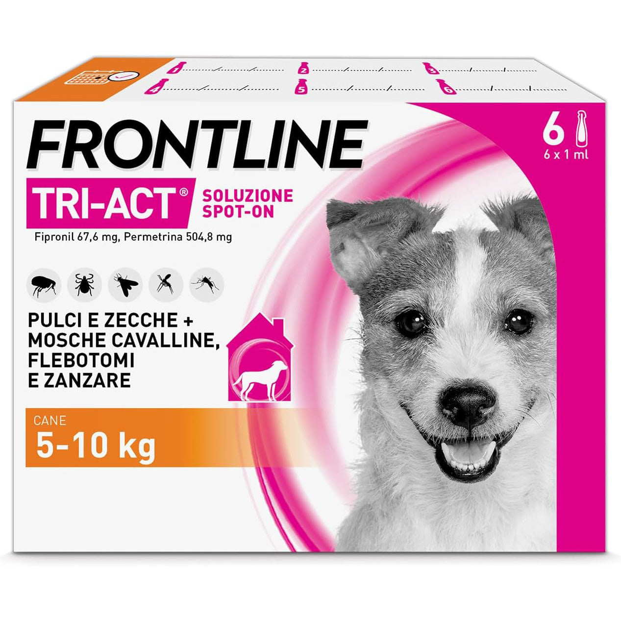 Antiparassitario Frontline Tri-Act pipette spot-on per cani 5-10 kg, confezione da 6 pipette