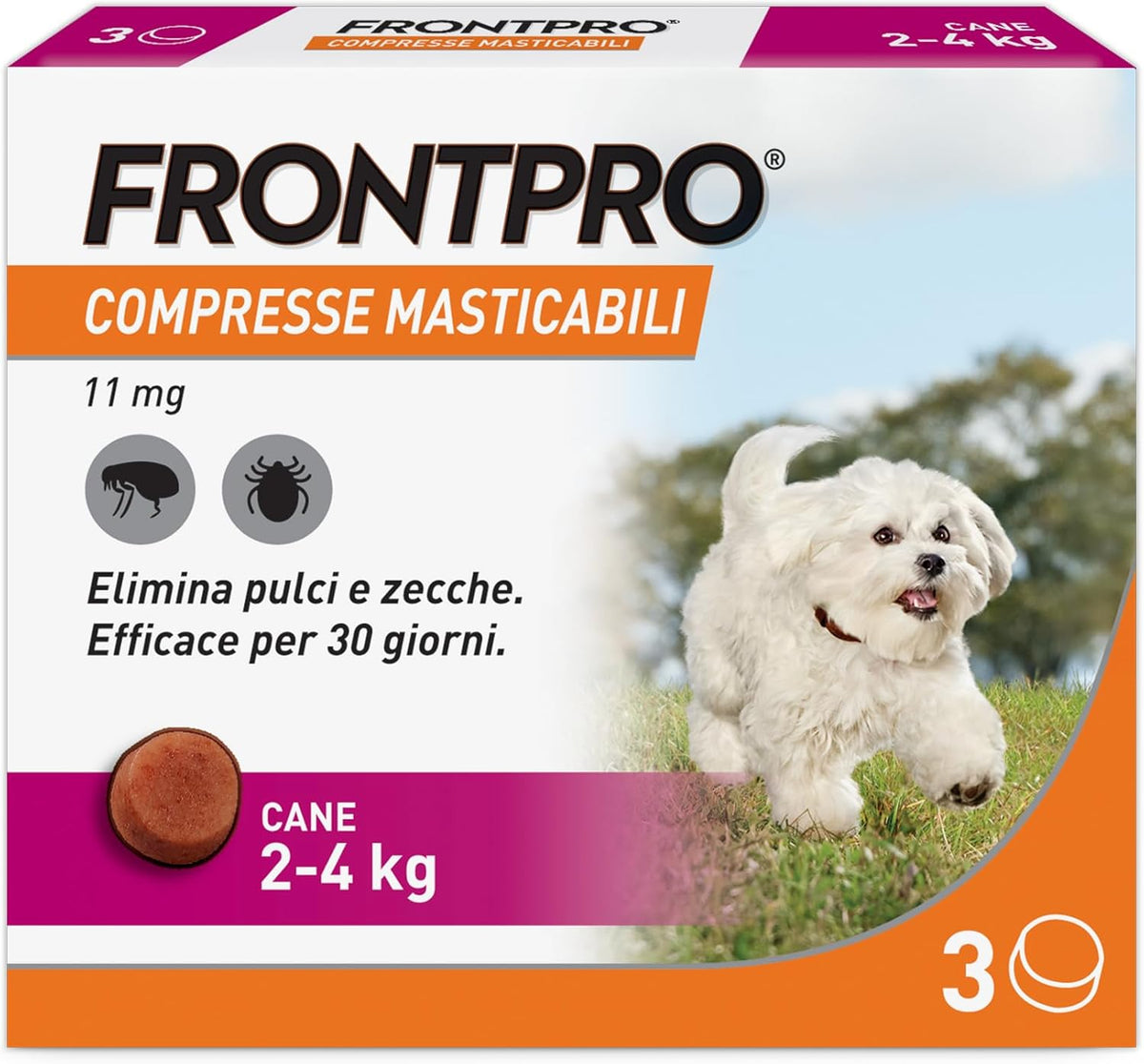 Compresse antiparassitarie Frontpro per cani 2-4 kg, confezione da 3 compresse da 11,3 mg