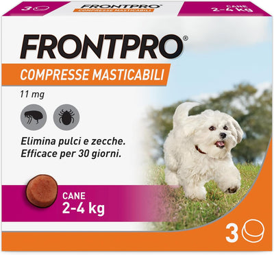 Compresse antiparassitarie Frontpro per cani 2-4 kg, confezione da 3 compresse da 11,3 mg