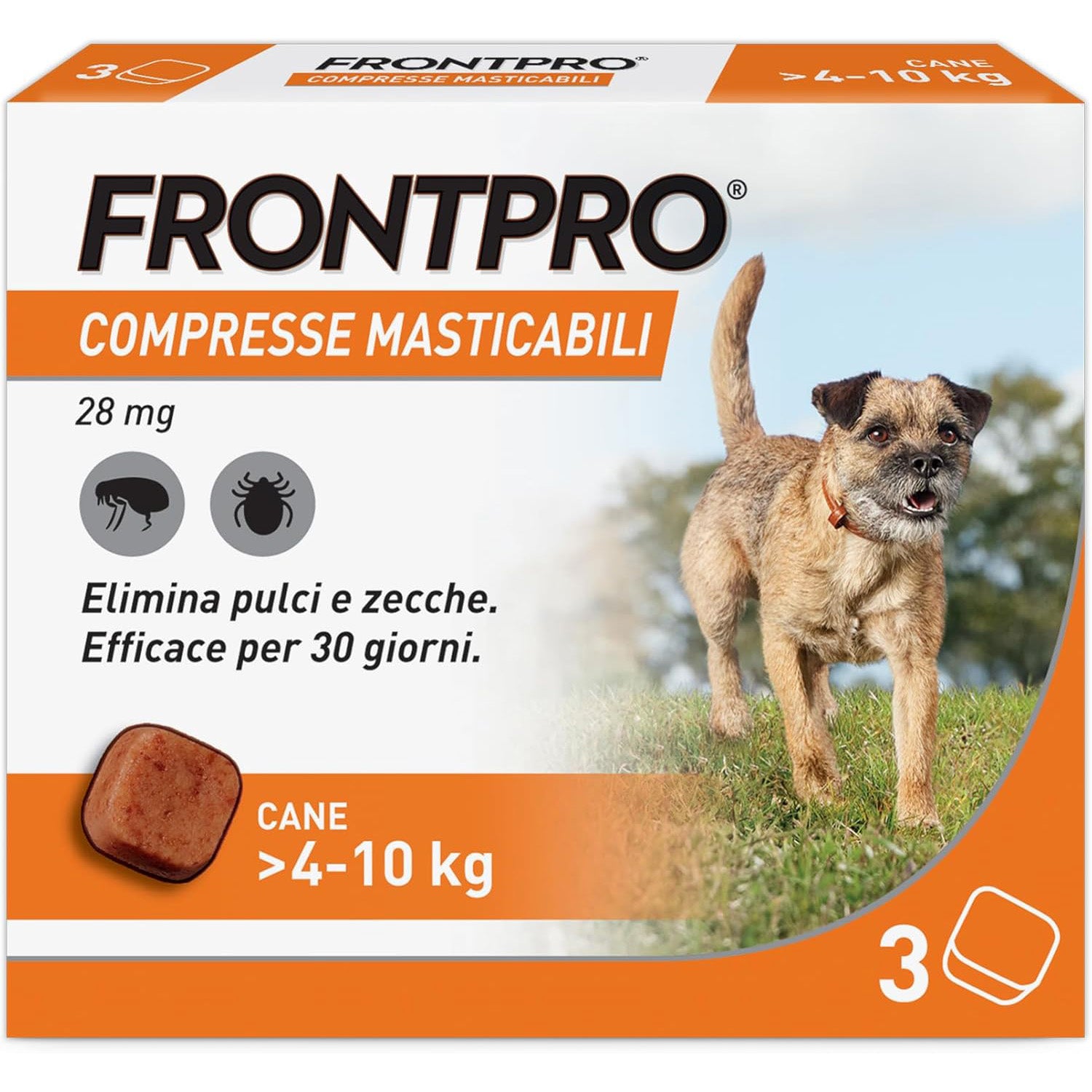 Compresse masticabili Frontpro antiparassitarie per cani 4-10 kg, 28,3 mg, confezione da 3