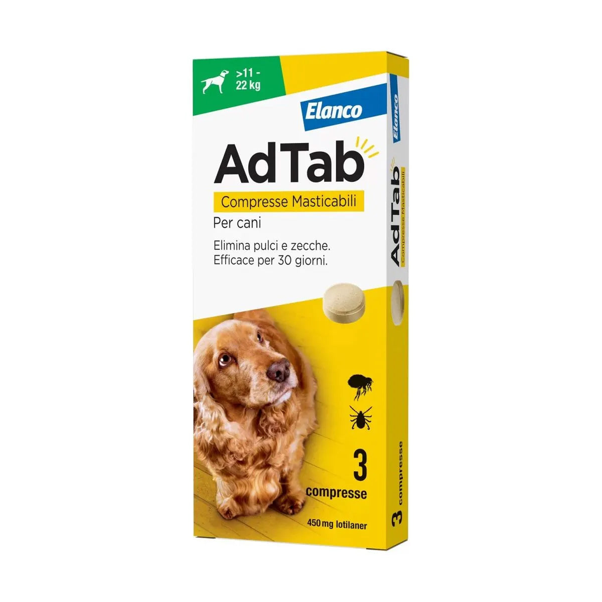 Antiparassitario masticabile AdTab per cane 11-22 kg, 450 mg, 3 compresse verdi