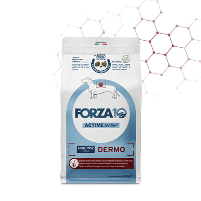 Mangime completo FORZA10 Active Dermo per cani mini e toy, 1,5 kg, con proteine di pesce e ingredienti botanici