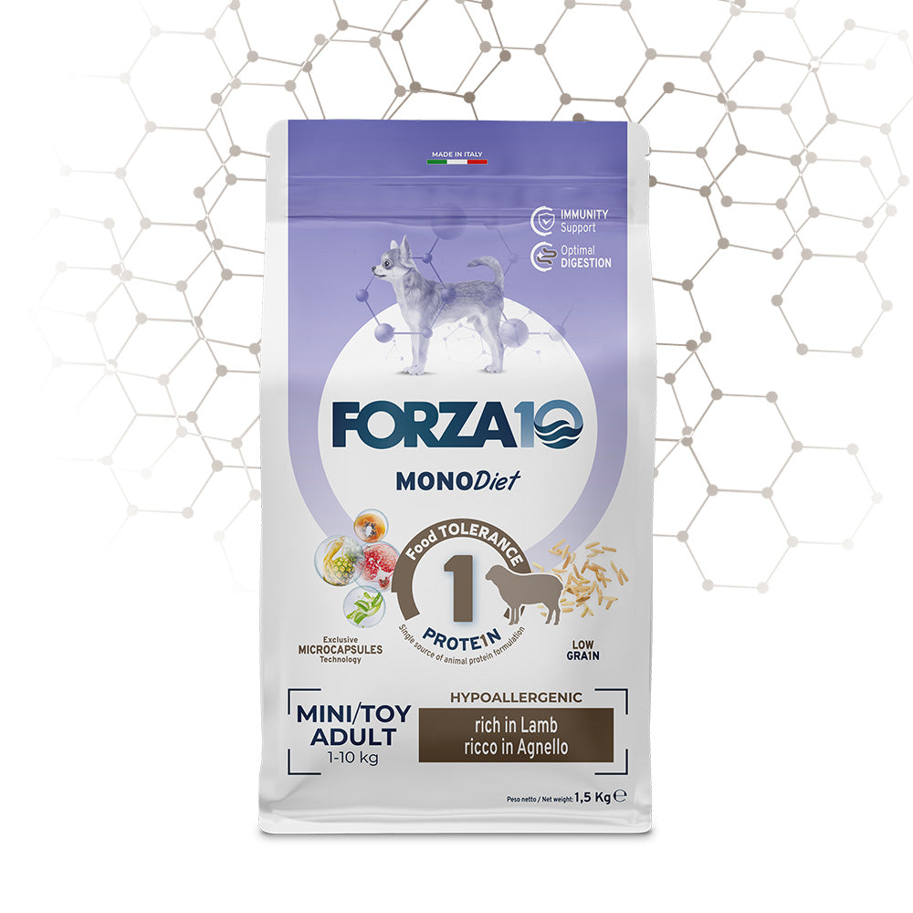 Mangime secco per cani mini agnello e riso diet FORZA 10, confezione 1,5 kg
