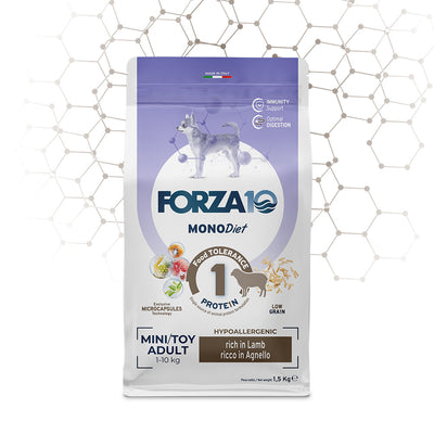 Mangime secco per cani mini agnello e riso diet FORZA 10, confezione 1,5 kg