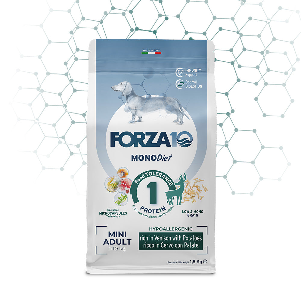 Mangime diet cervo e patate FORZA 10 per cani adult mini, 1,5 kg, formula monoproteica ipoallergenica