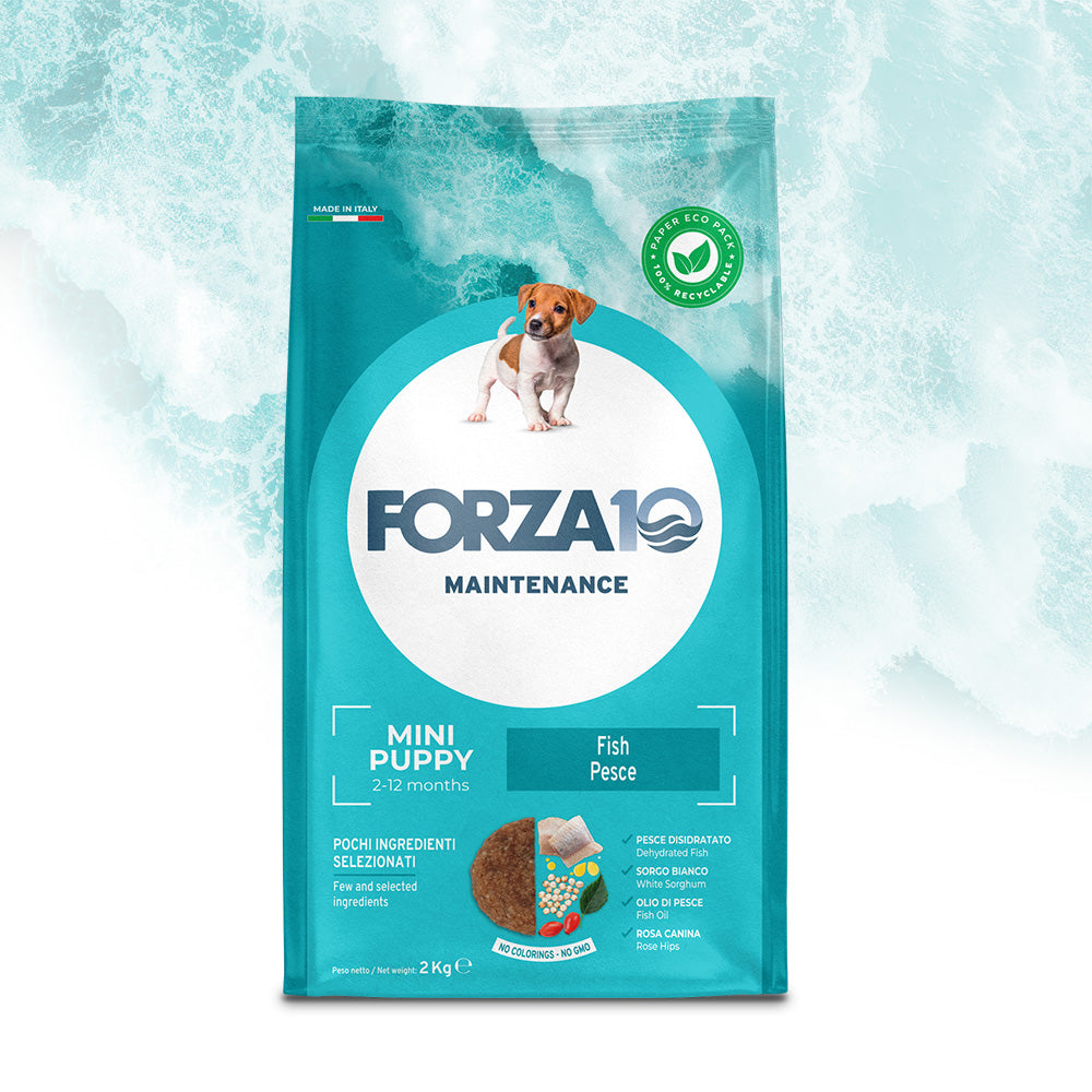 Mangime in crocchette Forza 10 Puppy Mini al pesce per cani cuccioli taglia piccola, confezione 2 kg