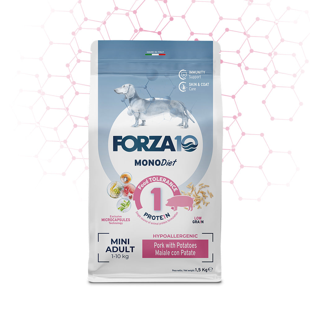 Mangime secco FORZA 10 Diet Maiale e Patate per cani adulti mini, 1,5 kg, formula ipoallergenica monoproteica