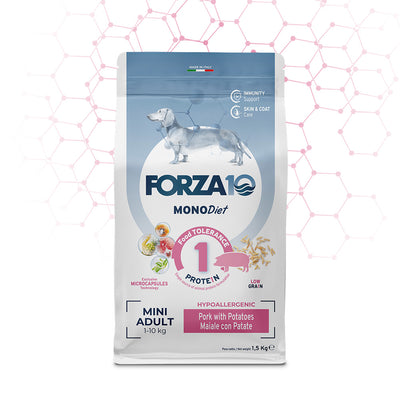 Mangime secco FORZA 10 Diet Maiale e Patate per cani adulti mini, 1,5 kg, formula ipoallergenica monoproteica