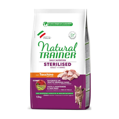 Mangime secco Natural Trainer per gatti sterilizzati al tacchino, confezione da 1,5 kg