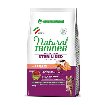 Mangime secco Natural Trainer per gatti sterilizzati al salmone, confezione da 1,5 kg