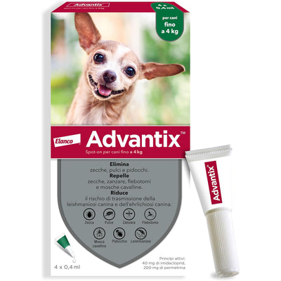 Pipette Advantix Spot-On antiparassitario per cani fino a 4 kg, confezione da 4 pipette da 0,4 ml