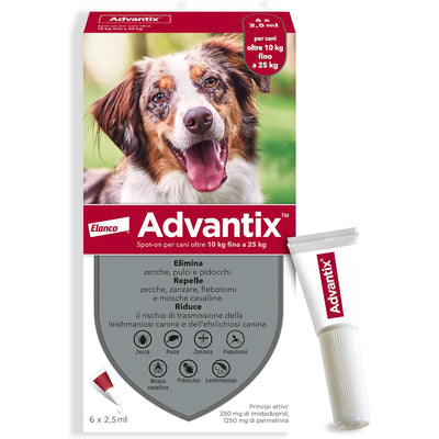 Advantix Spot-On antiparassitario per cani 10-25 kg, confezione 6 pipette da 2,5 ml