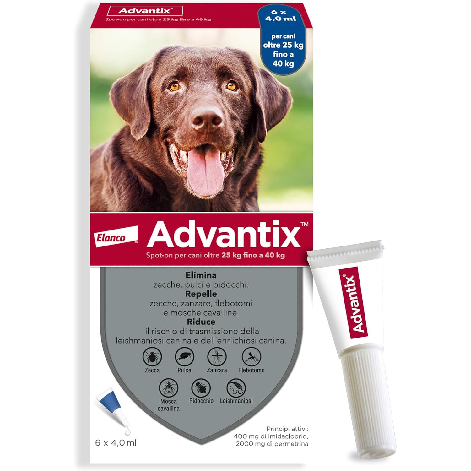 Antiparassitario Spot-On Advantix per cani 25-40 kg, confezione 6 pipette da 4 ml