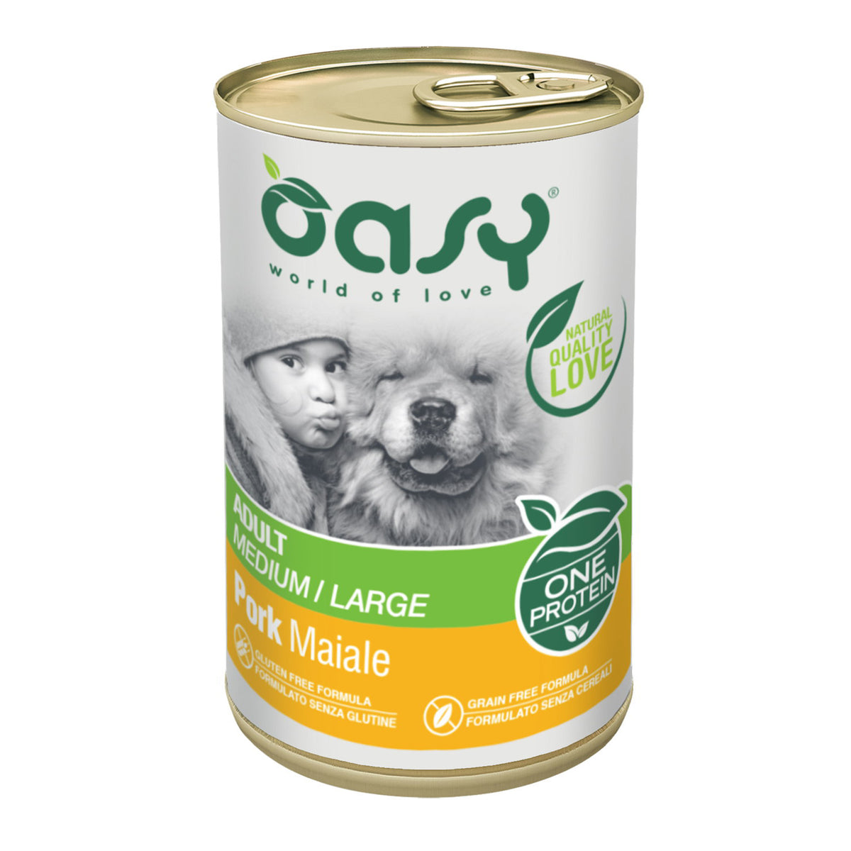Lattina di mangime umido Oasy Wet Dog One al maiale per cani adulti medi e grandi, 400 g