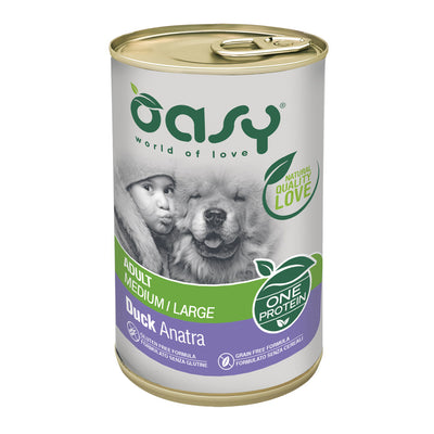 Mangime umido Oasy Wet Dog One per cani adulti medi e grandi, lattina 400 g anatra monoproteica