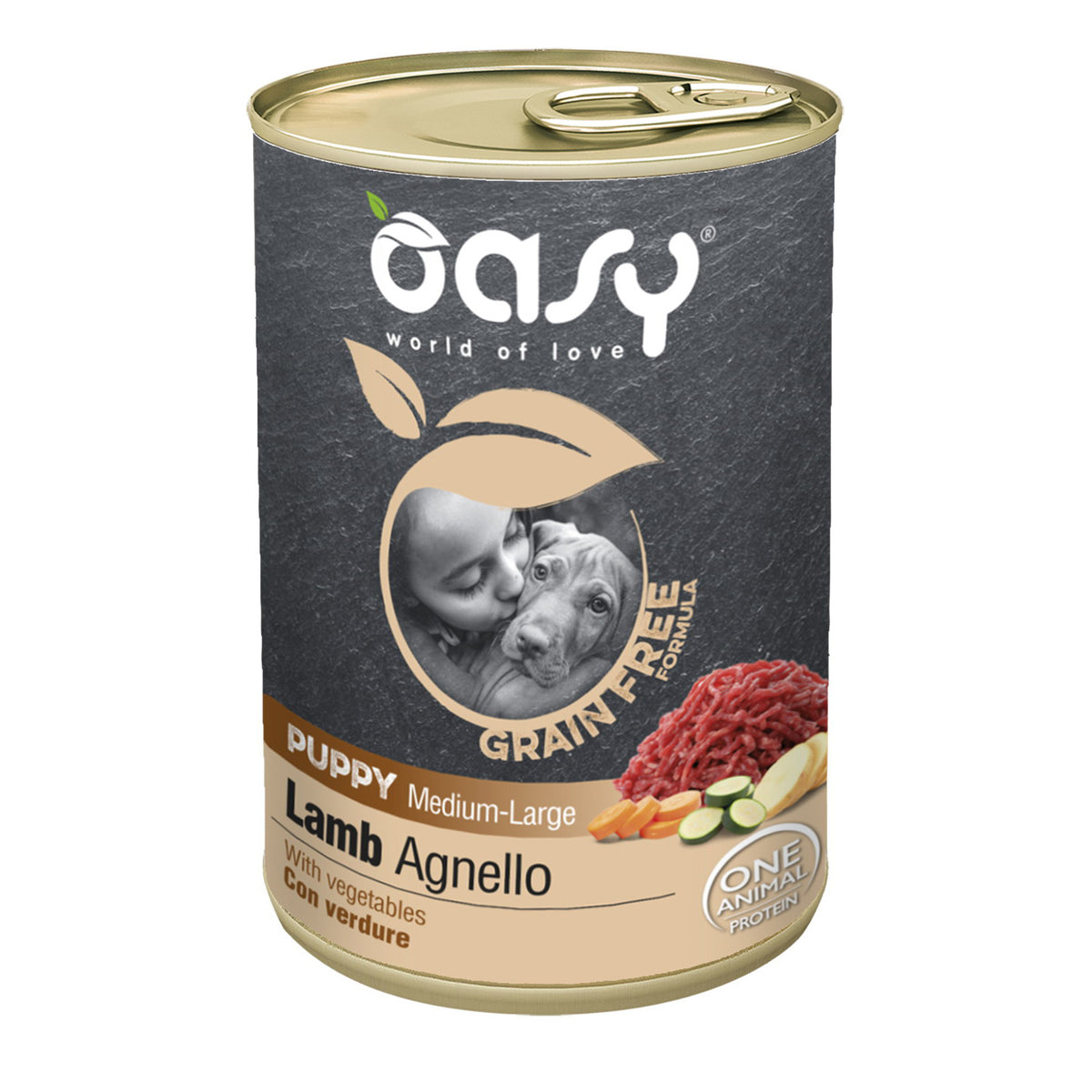 Lattina di mangime umido Oasy per cuccioli medi e grandi con agnello, 400 g