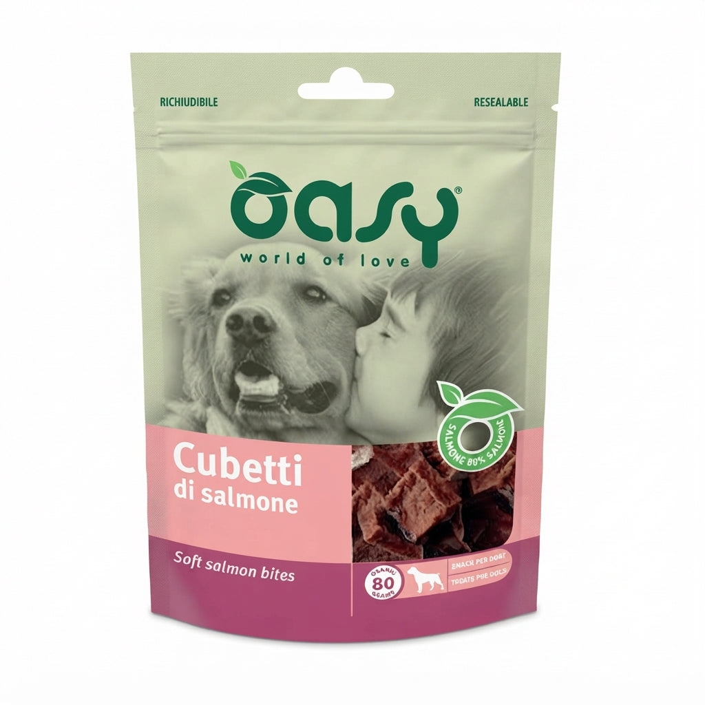 Oasy Snack Dog Cubetti di Salmone 80 g per cani, snack al salmone ricco di proteine e povero di grassi