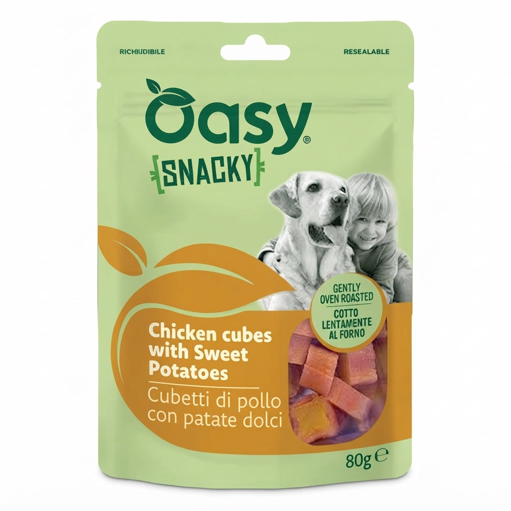 Oasy Snack Dog Snacky Cubetti di Pollo con Patate Dolci 80 g, snack per cani con pollo e patata dolce