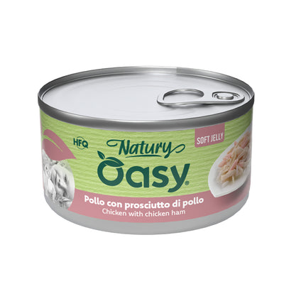 Mangime umido per gatti Oasy Natury Soft Jelly pollo e prosciutto in lattina