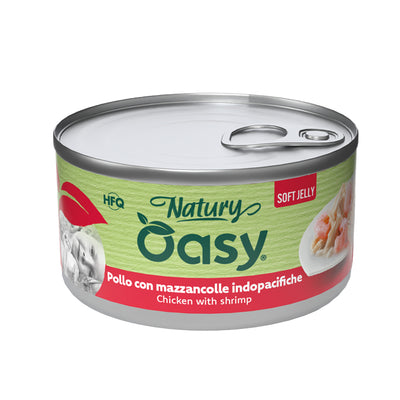 Alimento umido per gatti Oasy Wet Cat Natury Soft Jelly con pollo e mazzancolle in gelatina, lattina