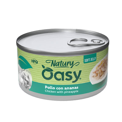 Alimento umido per gatti Oasy Natury Soft Jelly pollo e ananas in lattina, texture morbida