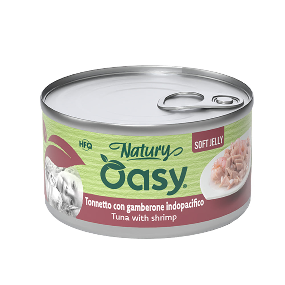 Lattina 85 g di alimento umido per gatti Oasy Wet Cat Natury Soft Jelly tonnetto con gamberone in gelatina