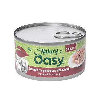 Lattina 85 g di alimento umido per gatti Oasy Wet Cat Natury Soft Jelly tonnetto con gamberone in gelatina