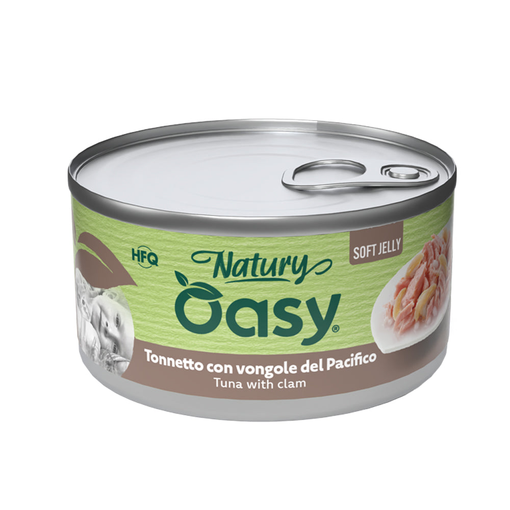 Alimento umido per gatto Oasy Natury Soft Jelly tonnetto con vongole in gelatina, lattina