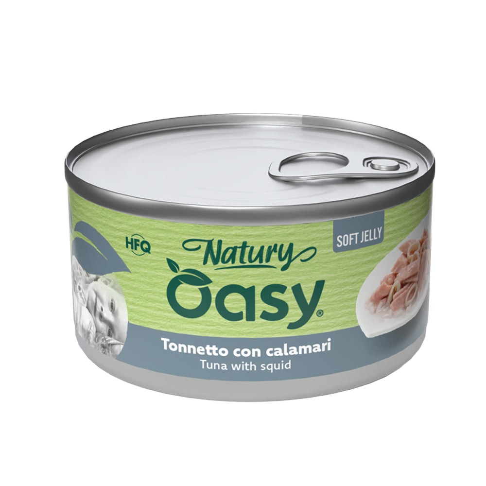Alimento umido per gatti Oasy Wet Cat Natury Soft Jelly tonnetto e calamari in gelatina lattina