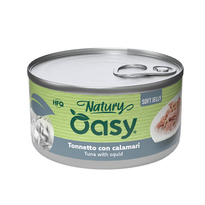 Alimento umido per gatti Oasy Wet Cat Natury Soft Jelly tonnetto e calamari in gelatina lattina