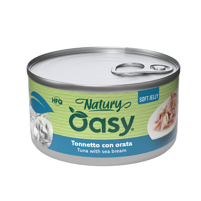 Lattina di alimento umido Oasy Wet Cat Natury Soft Jelly tonnetto e orata 150 g