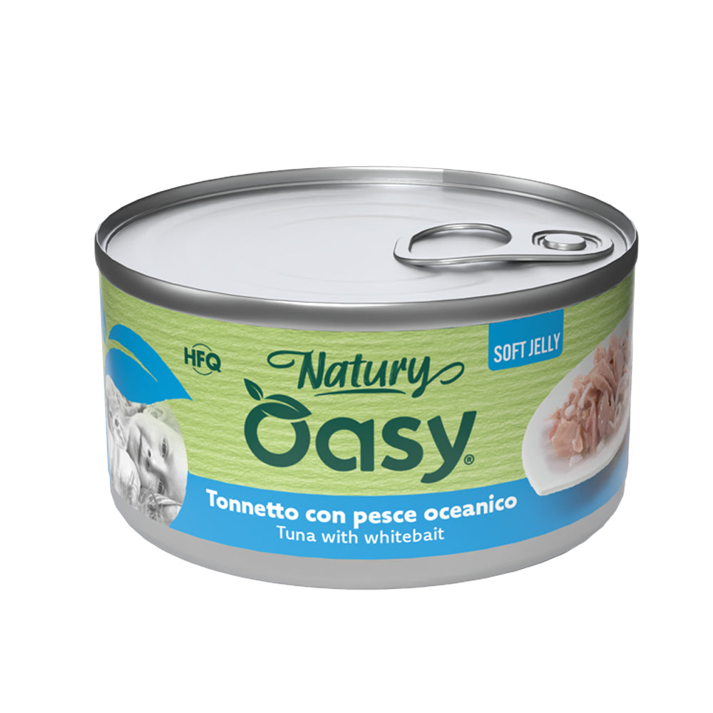 Alimento umido per gatti Oasy Wet Cat Natury tonnetto e pesce oceanico in lattina 150 g