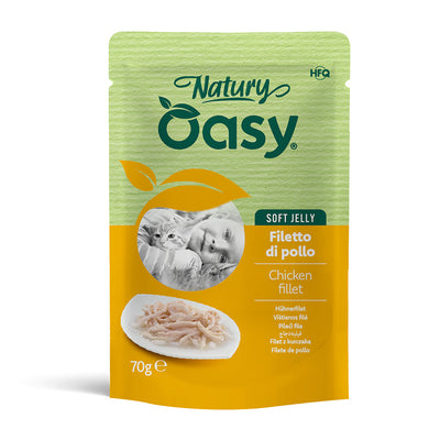 Alimento umido Oasy Wet Cat Natury filetto di pollo in soft jelly, busta 70 g per gatti adulti