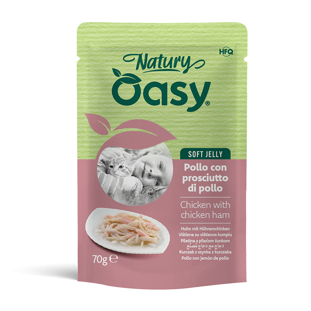 Alimento umido soft jelly per gatti Oasy Wet Cat Natury pollo e prosciutto busta 70 g