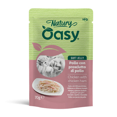 Alimento umido soft jelly per gatti Oasy Wet Cat Natury pollo e prosciutto busta 70 g