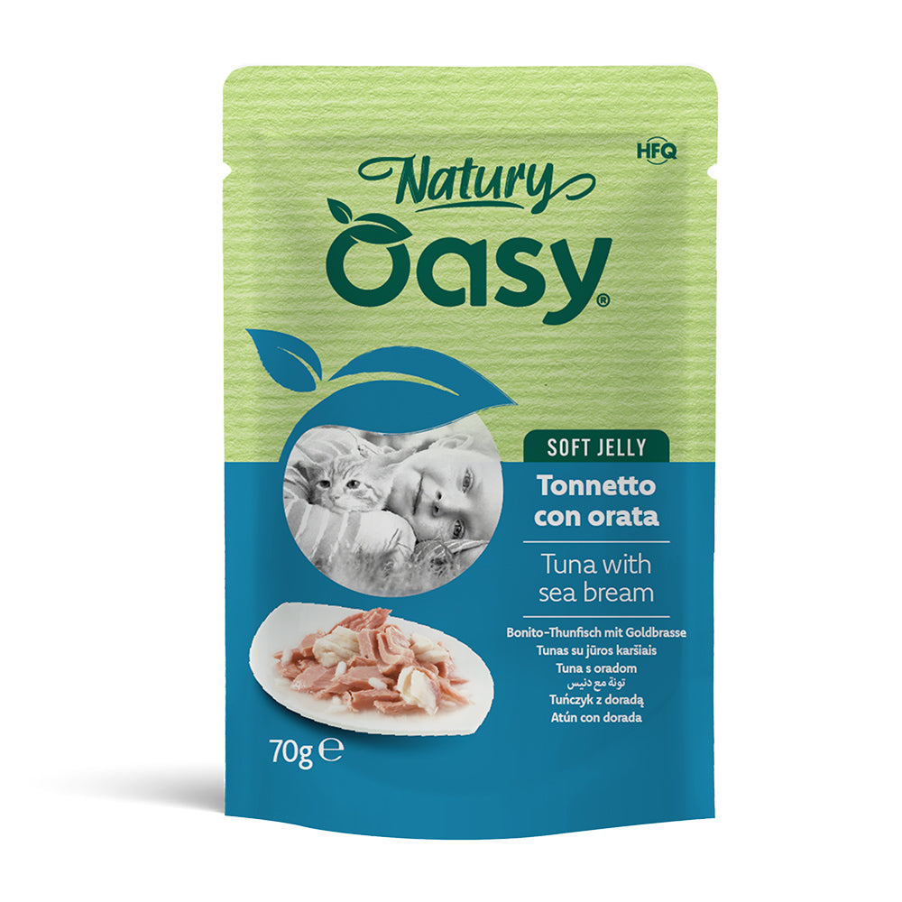 Busta di alimento umido Oasy Wet Cat Natury Soft Jelly tonnetto con orata per gatti adulti, 70 g