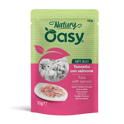 Busta di alimento umido Oasy Wet Cat con tonnetto e salmone in jelly, 70 g per gatti adulti