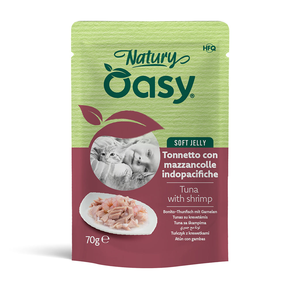 Mangime umido Oasy per gatti tonnetto con mazzancolle in gelatina, busta 70 g
