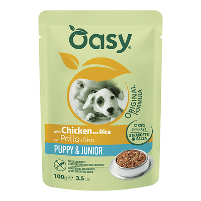 Mangime umido in straccetti Oasy per cani cuccioli con pollo e riso, busta 100 g