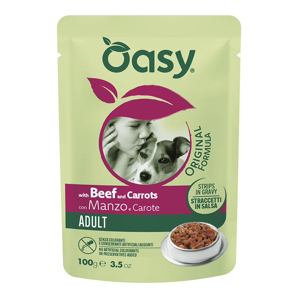 Mangime umido Oasy per cani adulti con straccetti di manzo e carote, busta 100 g