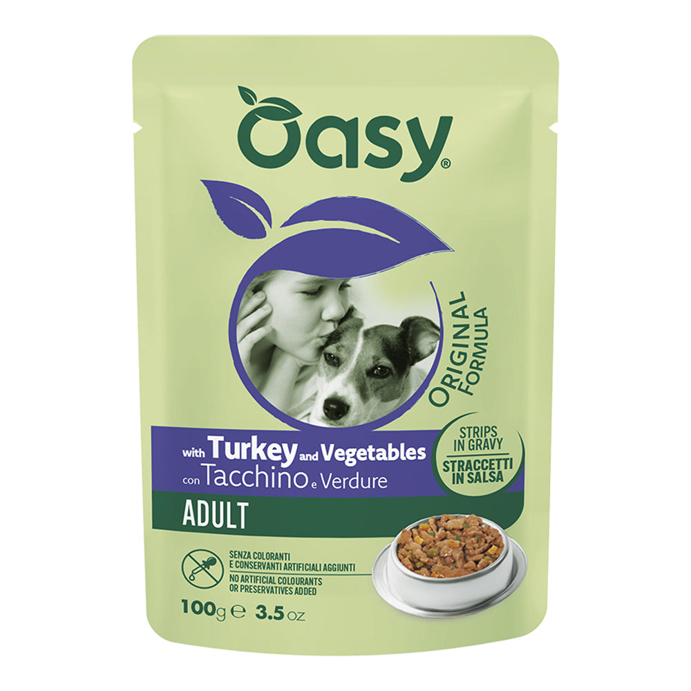 Mangime umido Oasy in straccetti per cane adulto con tacchino e verdure, busta 100 g