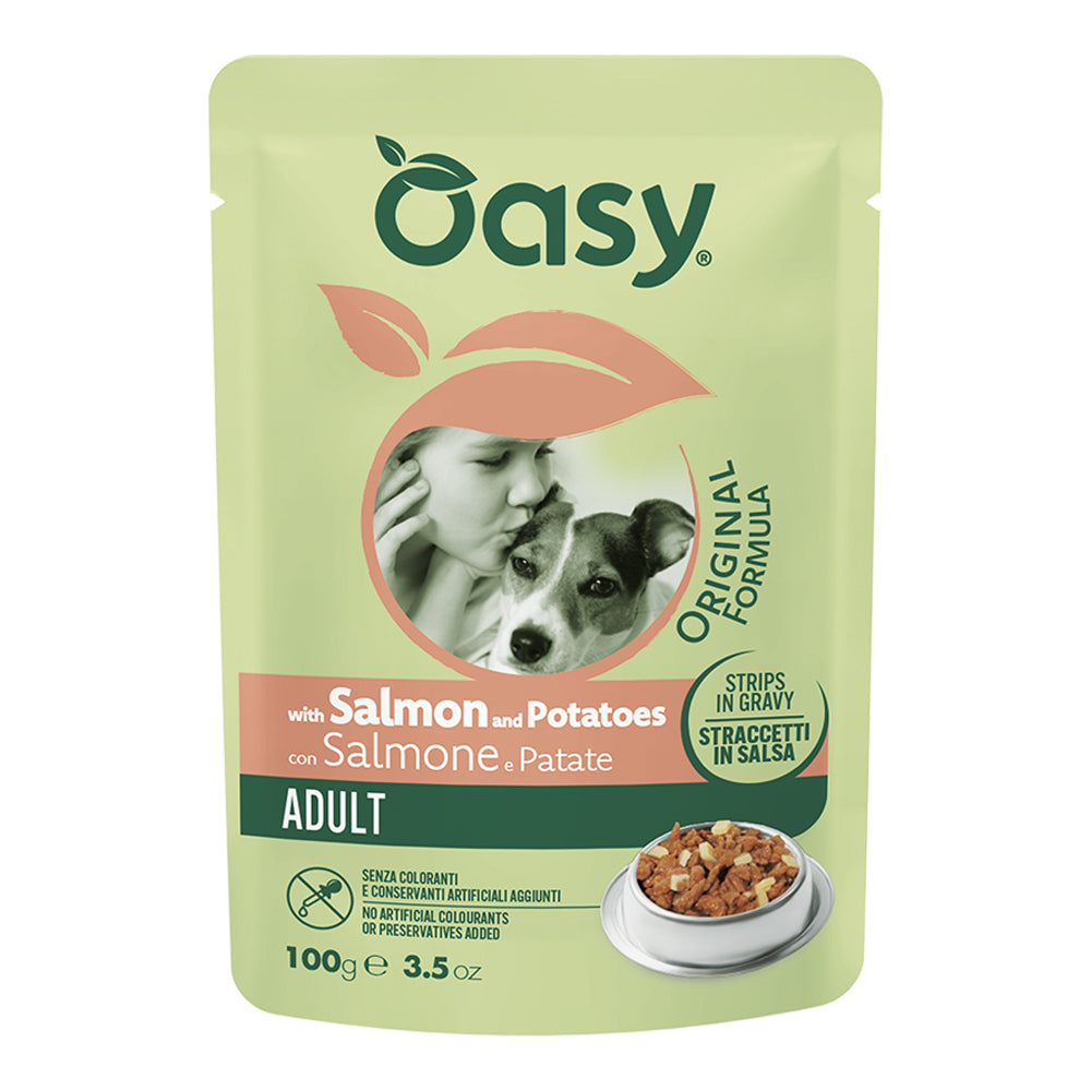 Mangime umido Oasy straccetti adult salmone e patate busta 100 g per cani