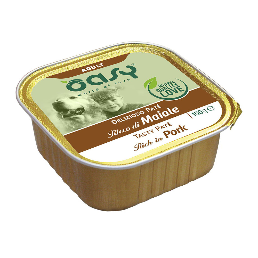 Paté Oasy Delizioso per cani adulti al maiale, vaschetta 150 g, senza cereali