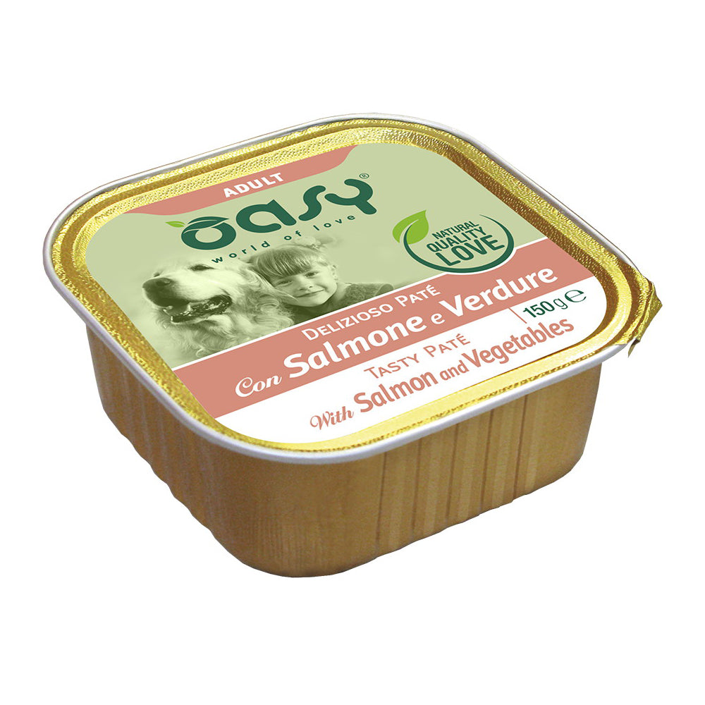 Paté delizioso Oasy per cani adulti con salmone e verdure, vaschetta 150 g senza cereali