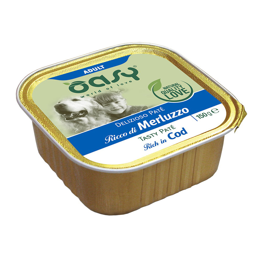 Paté umido Oasy Delizioso per cani adulti con merluzzo, vaschetta 150 g senza cereali