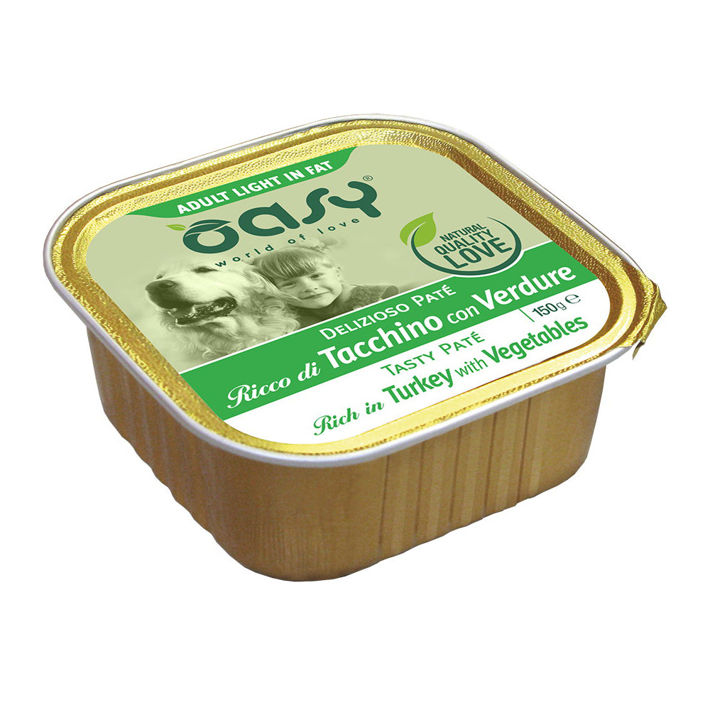 Paté light Oasy per cani adulti con tacchino, vaschetta 150 g senza cereali