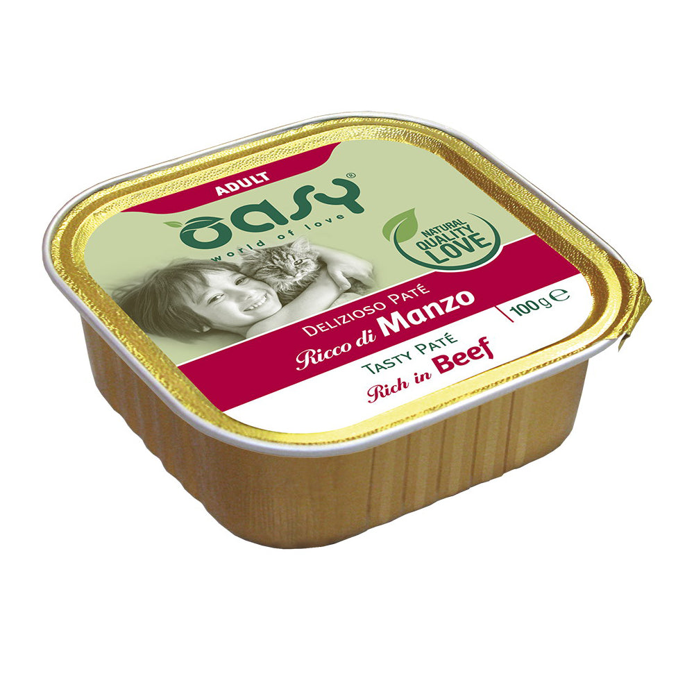 Paté umido Oasy Delizioso per gatti adulti con manzo, vaschetta 100 g